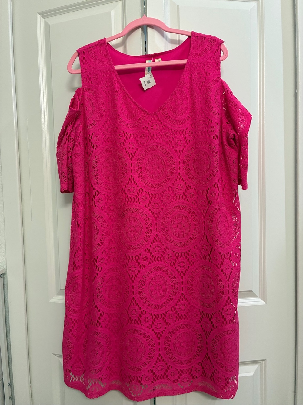 Tacera Women’s 2X Hot Pink Lace Cold-Shoulder Shift Dress
